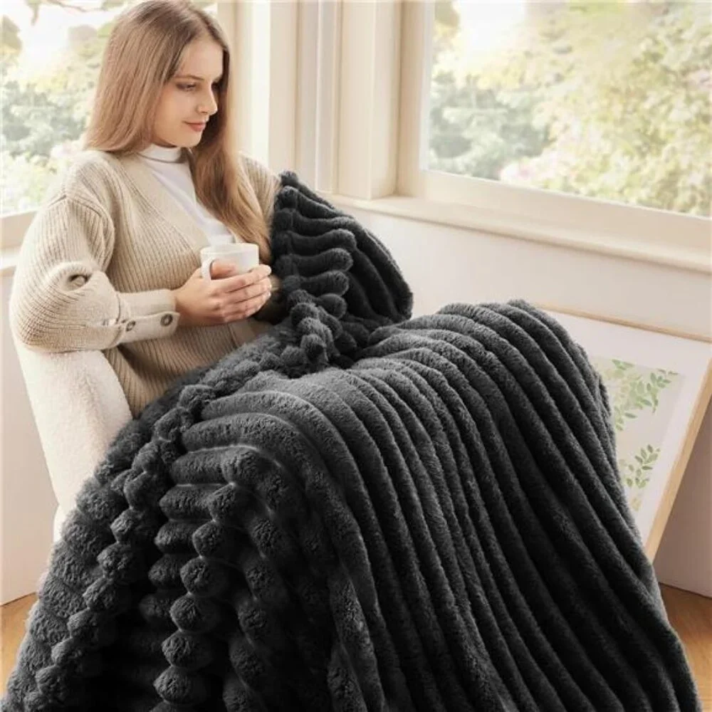 Super Soft Throw Blanket Grey Premium Silky Flannel Fleece Ribbed 50